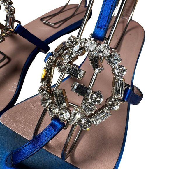 Gucci Crystal Interlocking GG T-Strap Flat Sandals Blue Satin Size 37.5 - Picture 3 of 10